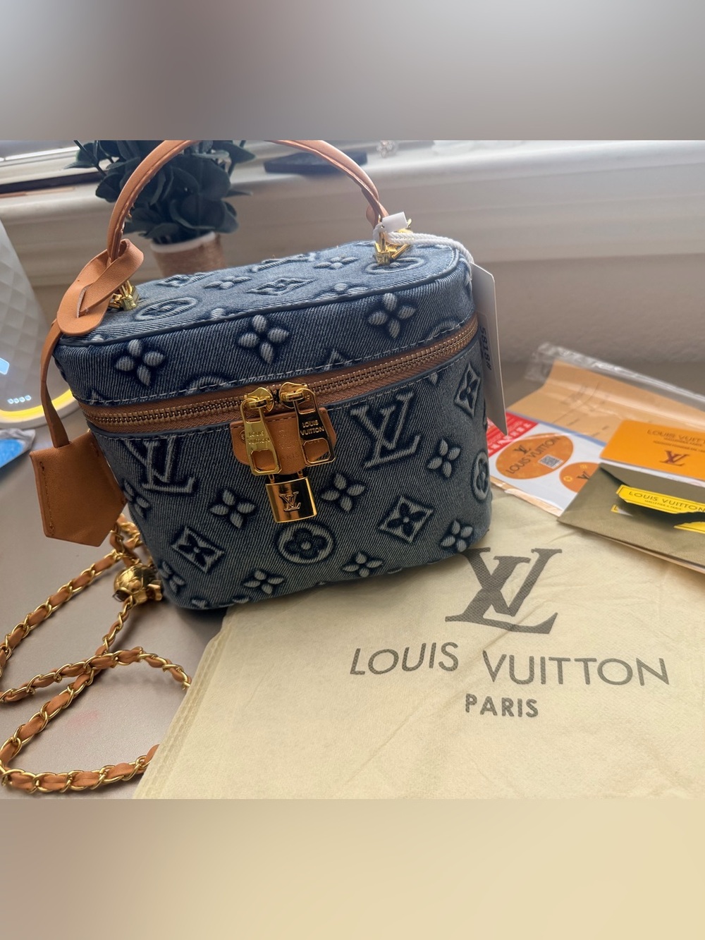 Denim Monogram Mini Vanity crossbody Bag - Blue Denim with Gold Hardware